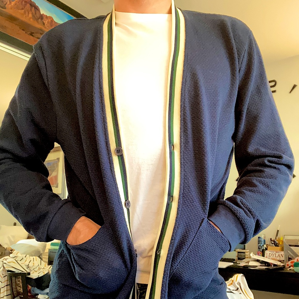 ASOS Men's M Navy Blue Cardigan - White, Green, and Navy Stripe